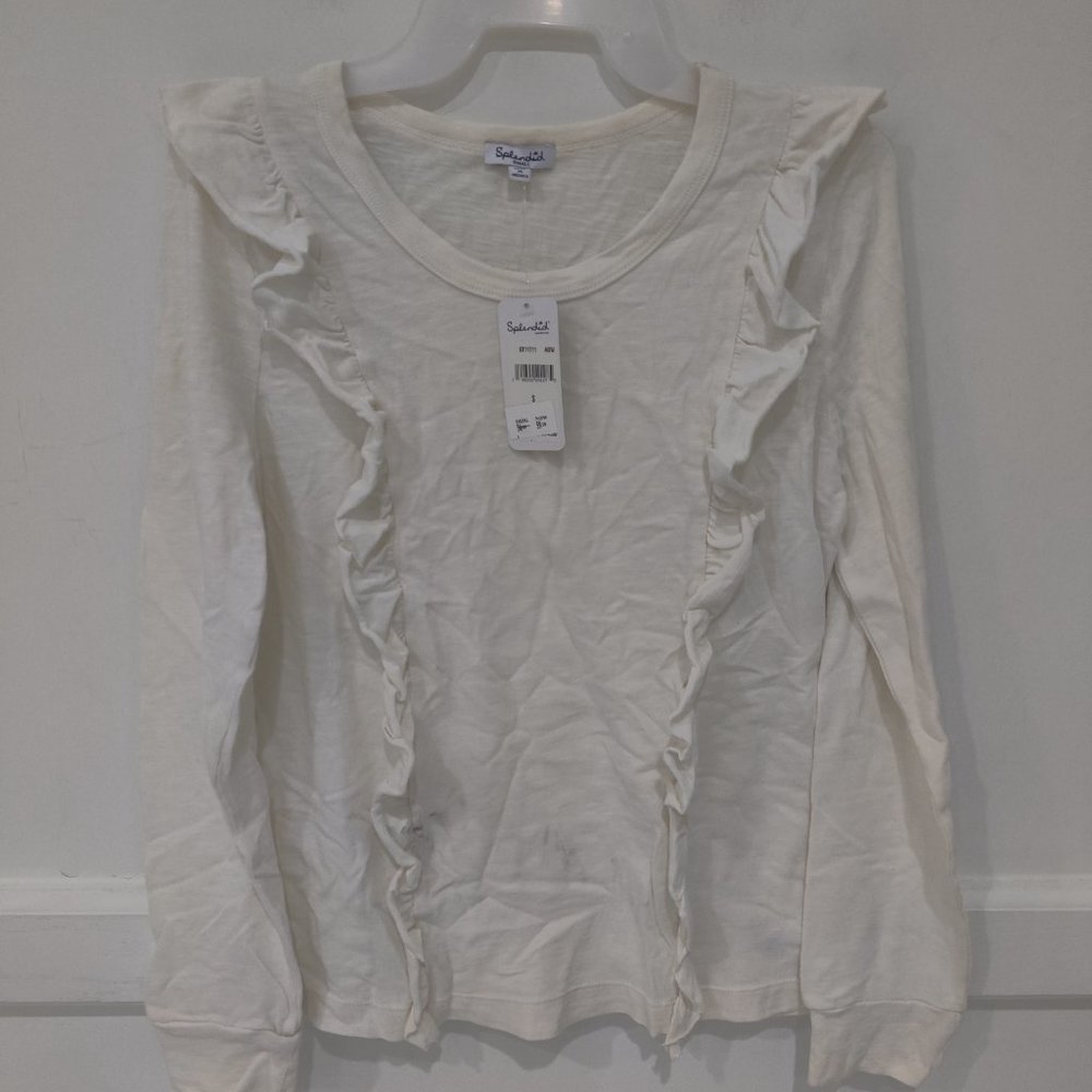 SOILED Splendid Women's Ruffle Front Long Sleeve Crew Neck Top Sz S $75 3A020